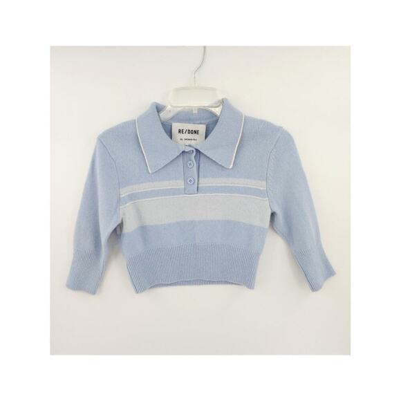 RE/DONE 60s Shrunken Polo Top Medium Pale Blue Striped Cropped Knit Mod - Picture 2 of 16